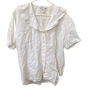 FY2  100% Linen White Button up Shirt Top Big Sailor Collar blouse size L